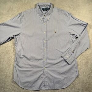 Polo Ralph Lauren Custom Fit Blue Vertical Striped Button Down Flesh Pony 17 1/2